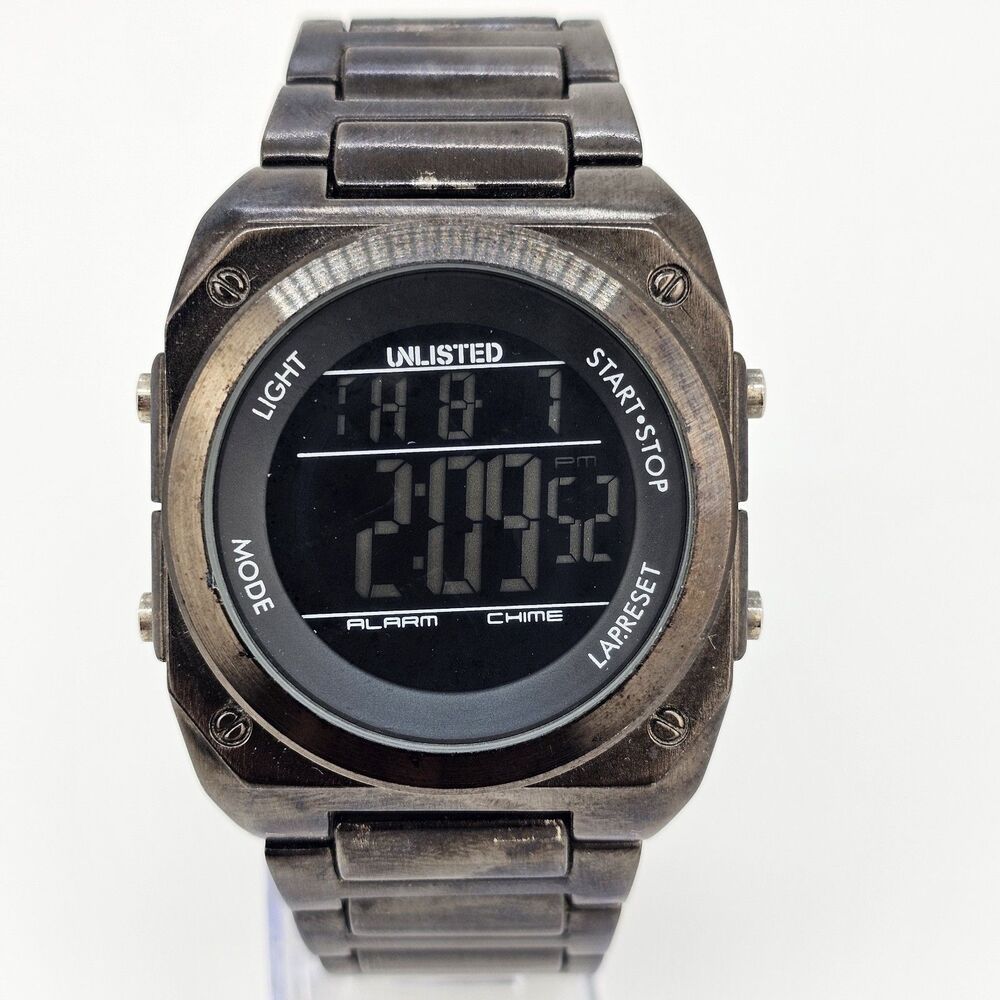 Kenneth Cole Unlisted Men Digital Watch‎ 44MM Black Bracelet Band 7" New Battery